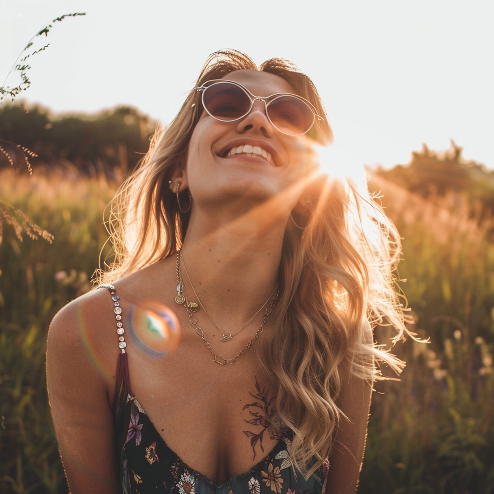Mulher feliz com o sol ao fundo